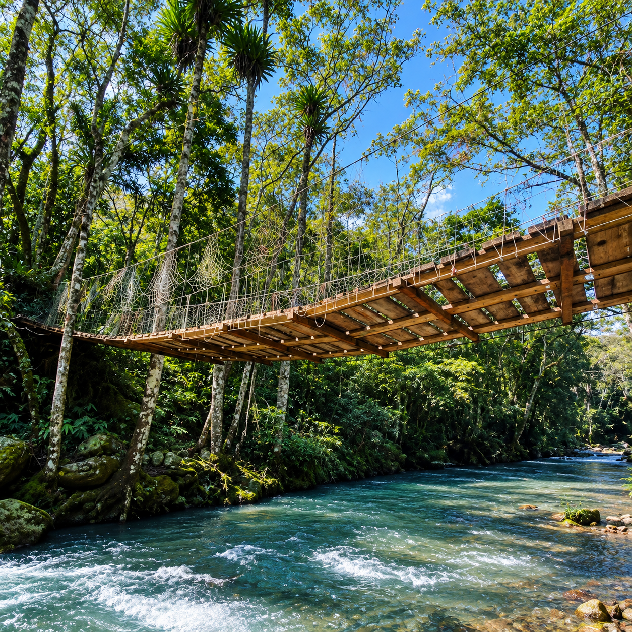 Ponte de madeira suspensa sobre o rio de águas cristalinas na Mata Atlântica